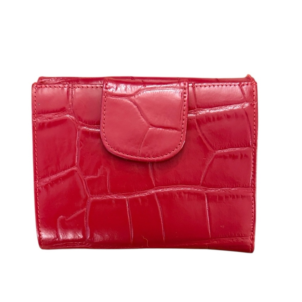 Red Croc-Embossed Leather RFID Wallet Organizer Accordion Multi Compartment Snap - Picture 5 of 13